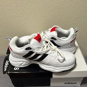 Adidas White Sneakers with Black and Red Details